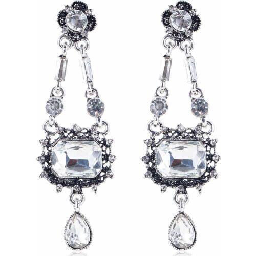 YaYi White Glass Rhinestone Earring Womens Fashion Ancient Silver Earrings gems Flower Long Earrings For Women Girls E1004