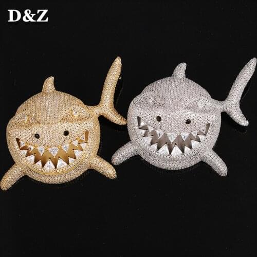 D&Z Animal Oversize Shark Necklaces & Pendants Iced Out Bling Cubic Zirconia For Men Women Rapper Jewelry With Solid Back