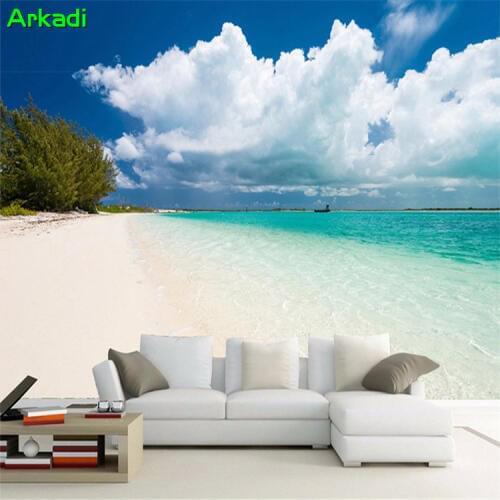 Custom Mural Living Room Bedroom Sofa Wallpaper 3D TV Background Beautiful Beach Seascape Blue Sky White Clouds Landscape