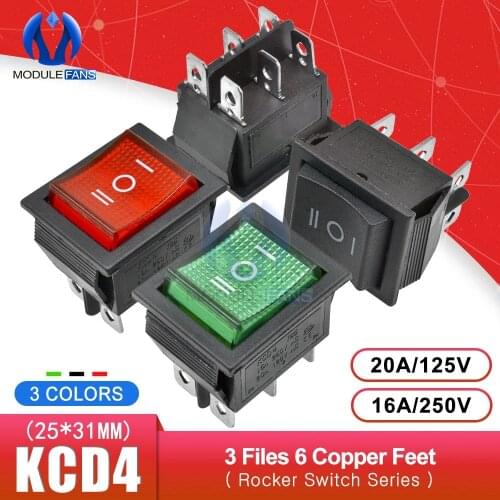 KCD4 Rocker Switch Power Touch On/off Switch 3 Positions 6Pins Feets Ship Type with light 16A 250V 25*31mm Red Green Black