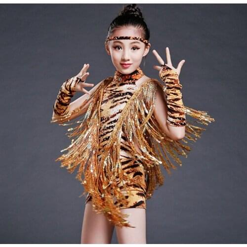 Leopard Costumes Leotard Child Dress Children Tango Salsa Rumba Latin Dress For Girls Fringe Dance Ballroom Competition Dresses