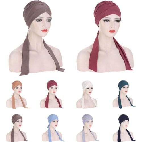 Muslim Hijab Turban Cap Women Solid Cancer Chemo Caps Head Scarf Headwear Strech Pleated Bandanas Long Tail Bow Head Wrap Arab