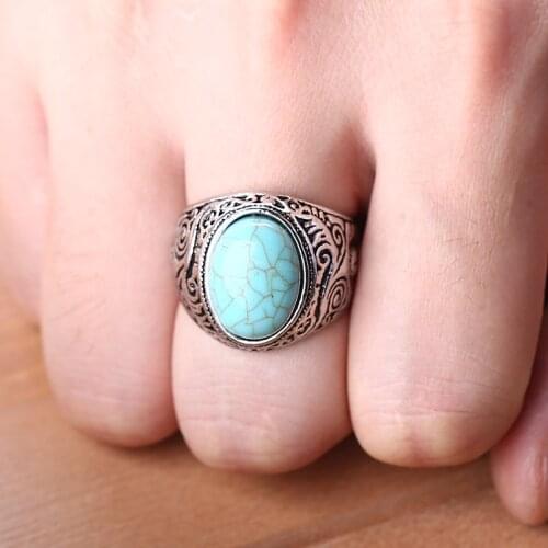 Vintage Antique Men Ring Natural Stone Bead Charm Finger Ring For Male Tibetan Tribal Ethnic Handmade Jewelry Bague Homme