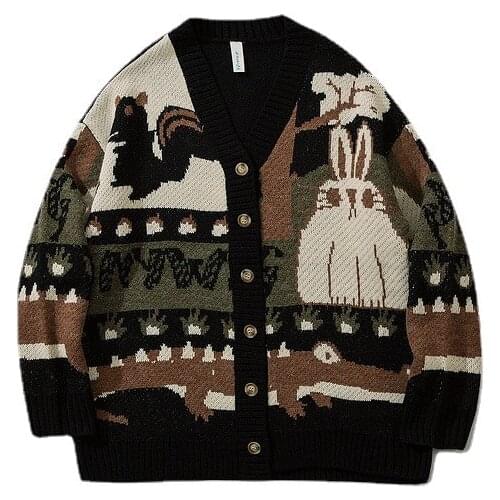 2021 Mens Autumn Rabbit Jacquard Cardigan Button Sweater Teenagers Loose-Fitting Outerwear Sweater