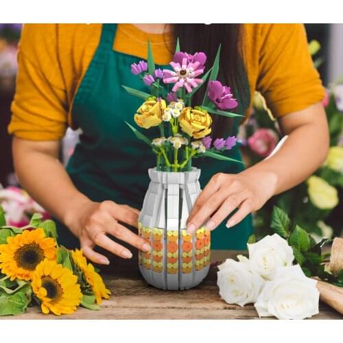 Moc Mailackers White Vase DIY 10280 Flowers Bouquet Phalaenopsis Rose Friend Potted Plants Building Blocks Toys for Girls