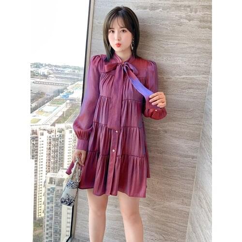 Bow ribbon collar solid color simple shirt dress with sling suit 2021 spring new