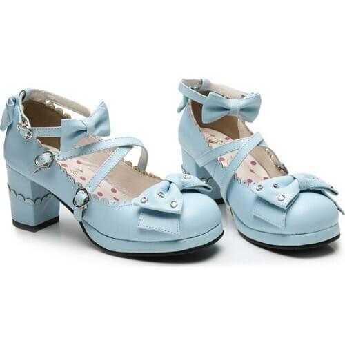 Sweet Lolita Daily Footwear Bowknot Rhinestone Sweet Lovely Cross Bow High Chunky Heel Round Toe Simple Handmade Cosplay Shoes