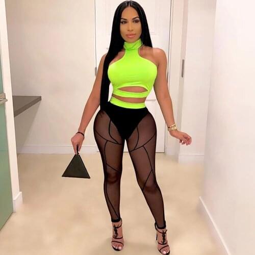 Sexy Two Piece Set Women Clothing Sets Rave Festival Party Club Outfits for Women Halter Crop Tops and Mesh Sheer Leggings Set