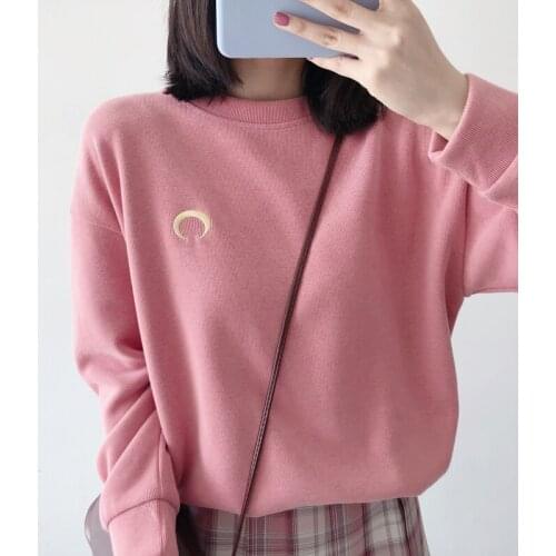 Crewneck Sweatshirt Women Moon Embroidered Pullover Loose Long Sleeve Casual Spring Autumn Cute Sweatshirts