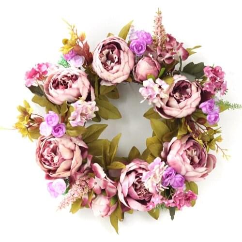 16in Peony Wreath Artificial Flower Door Wreath with Green Leaves Spring Wreath R2JC