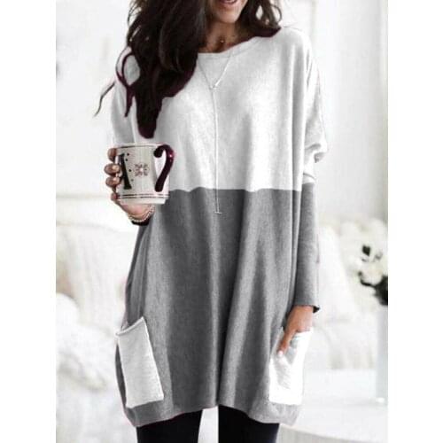 Plus Size 5XL Long Sleeve Womens Long T-shirt patchwork O-neck Pockets Female Oversize Shirts Autumn Casual Loose Ladies Top
