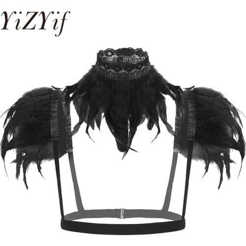 Women Gothic Victorian Natural Feather Shrug Shawl Shoulder Wrap Cape with Collar Halloween Costume Party Harness Feathers Wing