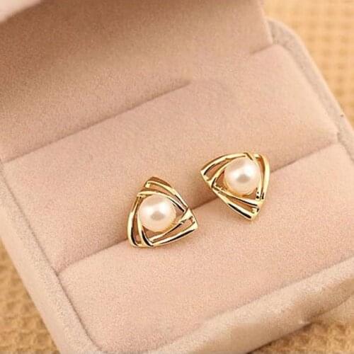Double Layers Golden Triangle & Center Big Simulated Pearl Stud Earrings for Women Fashion Ear Piercing Jewelry