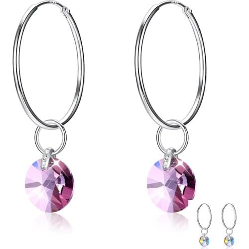 SILVERHOO S925 Sterling Silver Earrings For Women Circle Colorful Austria Crystal Hanging Hoop Earring Female Fine Jewelry Gift