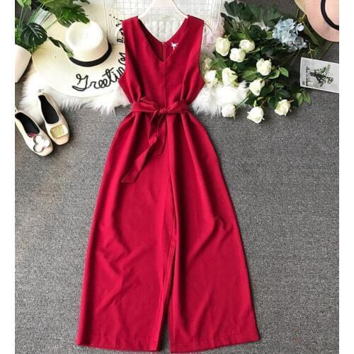 Womens spring summer sleeveless v neck Playsuits Ladys high waist Wide leg pants belt overall Jumpsuits TB1275