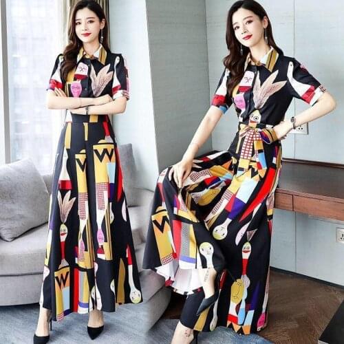 2021 New European Station Celebrity Suit Womens Summer Temperament Short Sleeve Shirt Printed Wide Leg Pants Fashion Crop Top