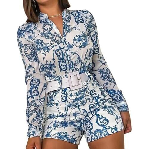 Women Mixed Print 2pcs Set Suits Turn-down Collar Long Sleeve Casual Top and Shorts Set Without Belt