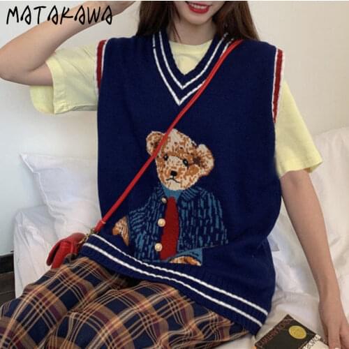 Matakawa Sweater Vest Korean V Neck Sleeveless Bear Cartoon Gilet Contrast Color Loose All-match Preppy Style Knitted Vests Tops