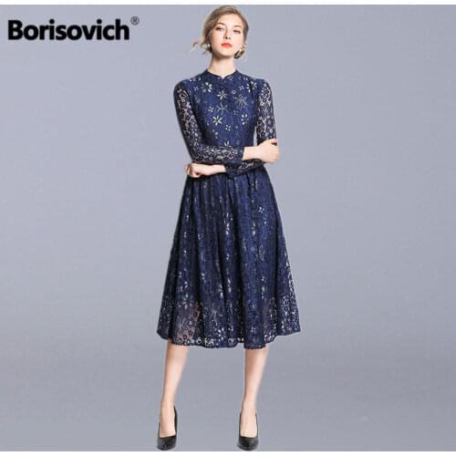 Borisovich Ladies Elegant A-line Party Dress New Brand 2019 Spring Fashion Hollow Out Lace Women Casual Long Dresses N670