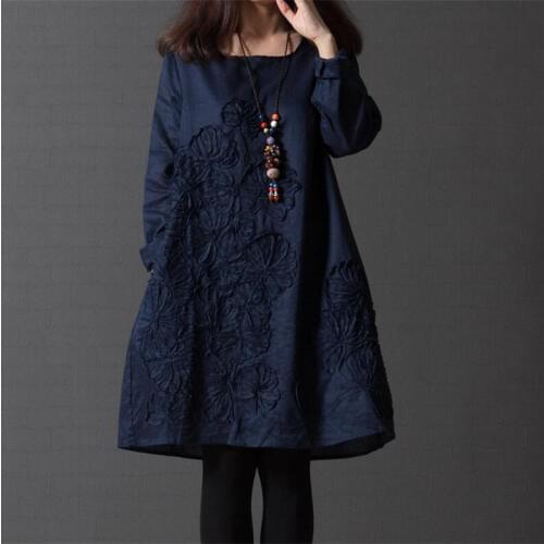 2020 New Vintage Spring Autumn Women Dress Fashion O Neck Female Vestidos Long Sleeves Retro Cotton Linen Dress M-3XL Pink