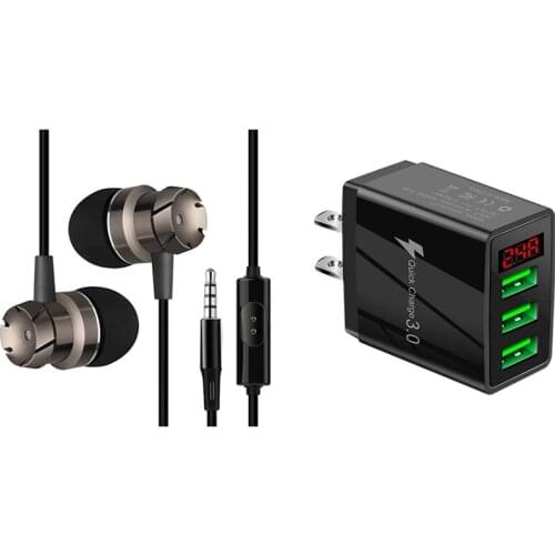 3.5mm Wired Headset Turbo Subwoofer & 5V 3.1A Charger 3USB Digital Display Fast Charge Phone Charging Adapter(US Plug)