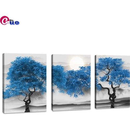 Black and white Landscape Blue tree Moon Triptych 5D Diamond Embroidery Square Diamond Painting Cross Stitch Home Decor 3pcs
