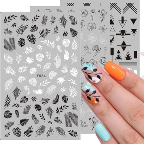 1 Sheet Black White 3D Nail Stickers Adhesive Transfer Sticker Decals Flower Tropical Plants Image Nail Art Sliders Decorations