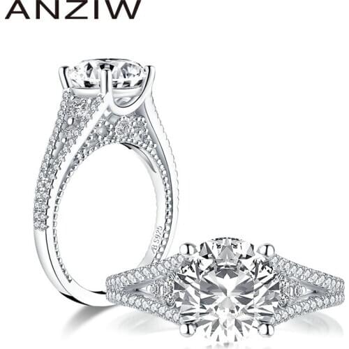 ANZIW Luxury 925 Sterling Silver 9.0mm Big Round Cut Engagement Ring Simulated Diamond Wedding 2.65ct Bridal Ring Jewelry
