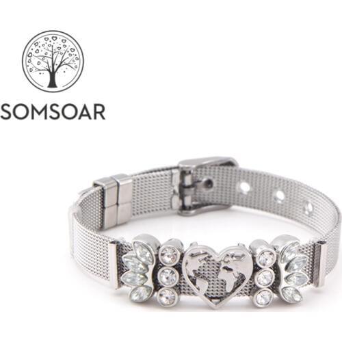 Dropshipping Somsoar Jewelry Heart World Map Slide Charms Mesh Bracelet Set Stainless Steel Bracelet for Valentines day