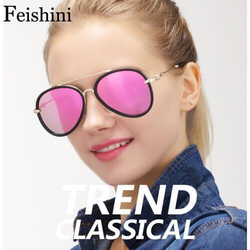 FEISHINI High Quality Market Monopoly Aviador Ladies Sunglasses Women Mirror Rose Gold Anti-Reflective Clear Sunglass Men