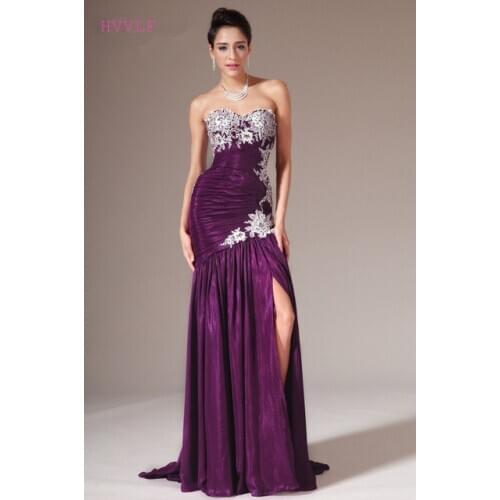 Purple Evening Dresses Mermaid Sweetheart Chiffon Lace Slit Beaded Plus Size Long Evening Gown Prom Dresses Robe De Soiree