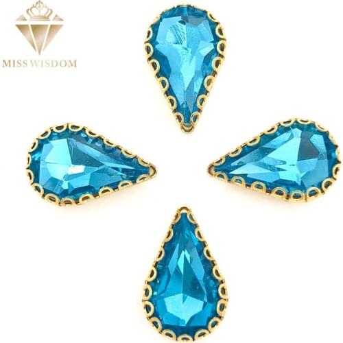 New arrive 8X13mm Lake blue teardrop sew on rhinestones gold base lacy claw glass crystal pear shape rhinestones Diy accessories