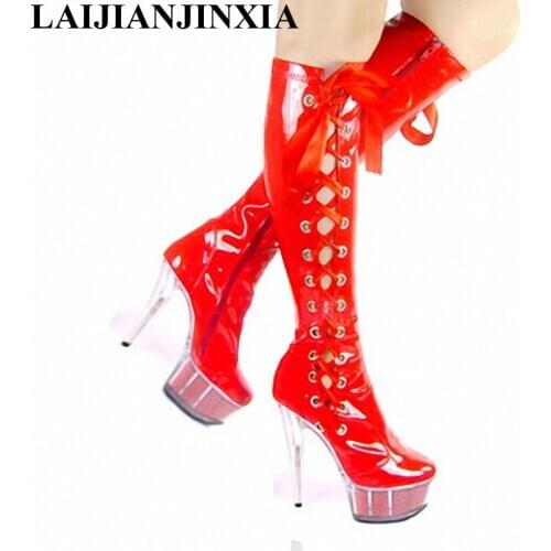 LAIJIANJINXIA New Fashion sexy 6 inch high heel Knee-High boots clear Platform womens motorcycle boots 15cm pole dancing boots