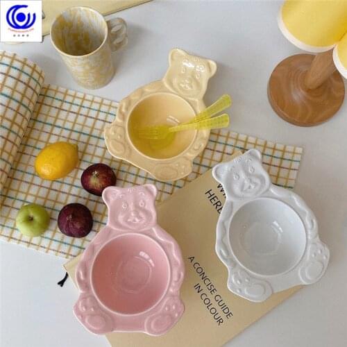 Multicolor cute cartoon bear and rabbit ceramic dinner plate dessert plate bowl breakfast salad fruit tray