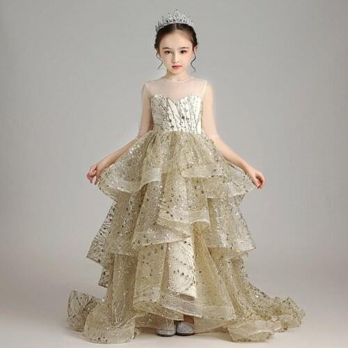 Girl model catwalk evening dress champagne fashion flower girl dress kids wedding dress birthday princess tutu girls costumes
