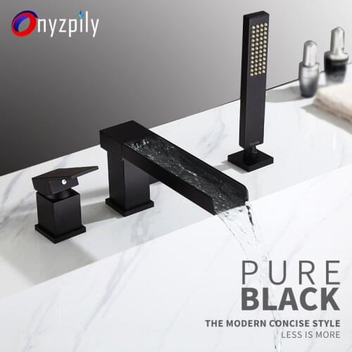 Onyzpily Bathtub Faucet 3PCS Waterfall Single Handle Deck Mount Handheld Tub Mixer Taps Black ORB Widespread Tub Sink Tap
