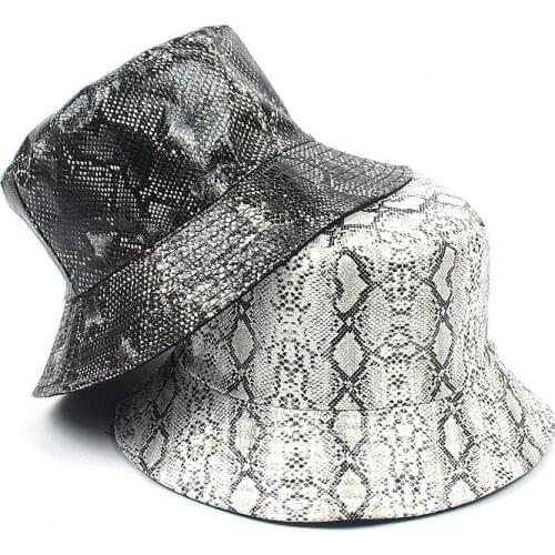 New Women Faux Leather Snake skin Pattern Fisherman Hat Bucket Hat Man Large Brim Flap Panama Caps