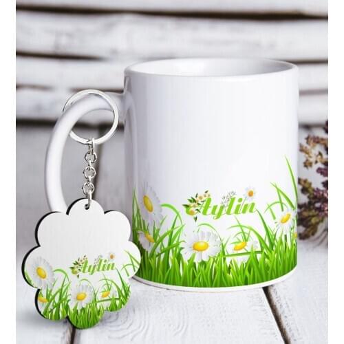 Personalized Daisy Design White Mug and Keychain Gift Seti-3