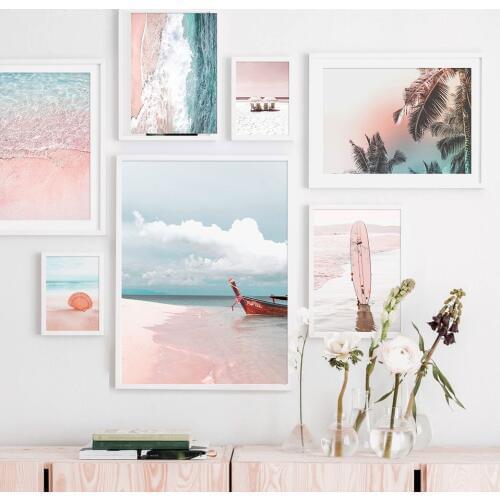 Pink Sea Beach Shell Parasol Rowboat Leaf Nordic Posters And Prints Wall Art Canvas PaintingWall Pictures For Living Room Decor