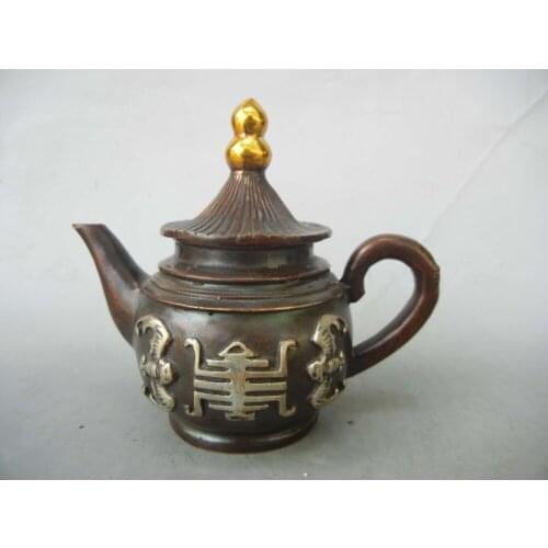 Elaborate ancient China Old-style copper bat statue gourd cover auspicious teapot