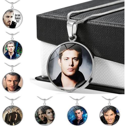 Supernatural Jewelry Glass Cabochon Pendant Necklace Supernatural Keyfob Dean Winchester Stainless Steel Chain Necklace