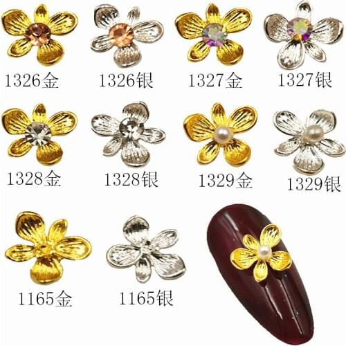 Japan metal nail art 8mm five flower Cherry blossoms with pearl rhinestones for nails sticker decoration gel nail art tools