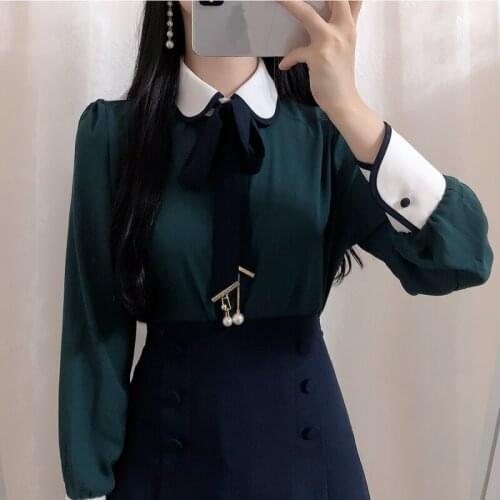 Women Cute Shirt Peter Pan Collar Bowtie Pearl Tops And Blouses Long Sleeve