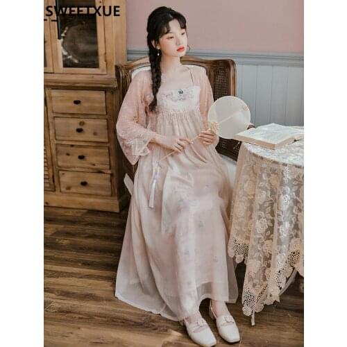 SWEETXUE Women Figure Painting Lace Retro Dress Chinese Style Chiffon Tassel Beads Elegant Party Dress Loose Long Sleeves Femme