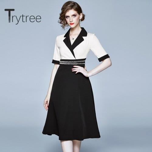 Trytree 2020 Summer Dress Women Casual Turn-down Collar A-line Bead Patchwork Fashion Elegant Temperament Knee-Length Dress