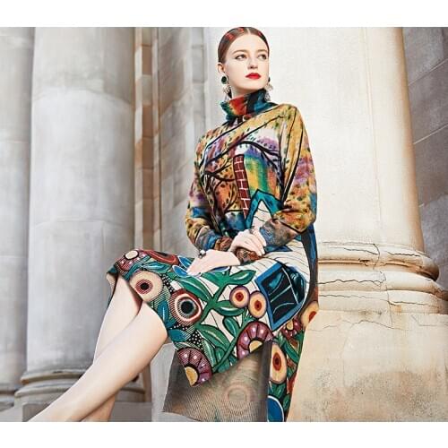 2020 Autumn Winter Vintage Casual Floral Warm Long Turtleneck Wool Sweaters Elegant Women Print Bodycon Knitting Sweater Dresses