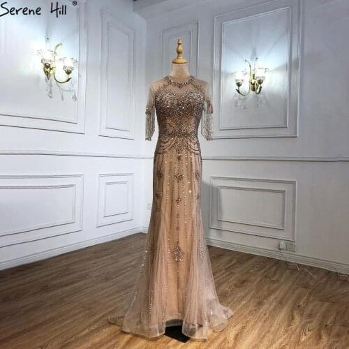 Serene Hill Dubai Nude Mermaid Luxury O-Neck Evening Dress 2021 Short Sleeves Beading Tassel Formal Party Wear Gown CLA70646