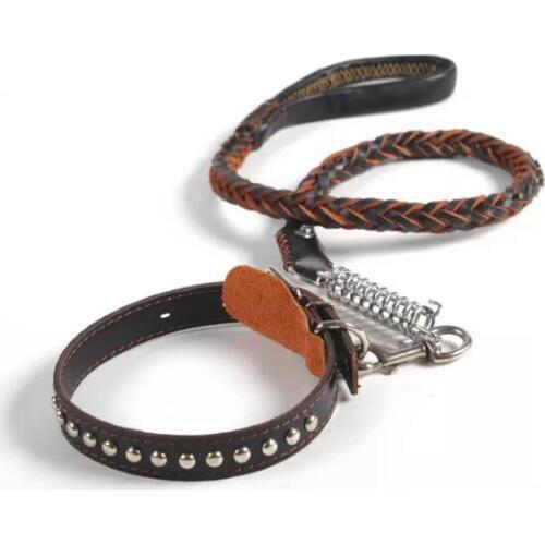 Top quality large dogs leather collar lead set big dogs outdoor training collars leash suit products pets accessories 1pcs