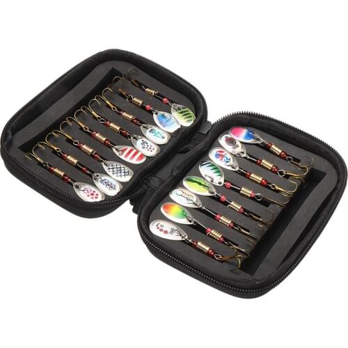 16pcs Fly Fishing Lures Spinner Baits Luya Rotating Hard Bait Trout Bass Salmon Crank Hooks Tackle Set W/ Bag Black