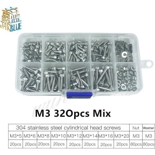 320pcs/set M2 M2.5 M3 DIN912 304 Stainless Steel Hexagon Socket Head Cap Screws Bicycle Hex Bolts Nut Screw Set Assortment Kit